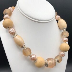 Vtg Carolee Necklace 18" Chunky Neutral Tone Faux Pearl Glass Wood Bead Choker